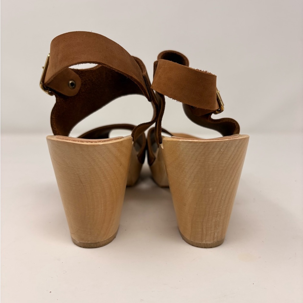 Bryr Miranda Slingback Peep Toe Wooden Clogs Caramel Leather Size 41 - Picture 7 of 10